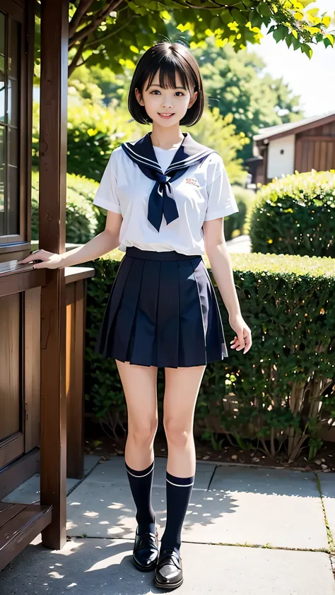 In the best quality、Japanese、Teenage girl standing outdoors。Perfect Anatomy、Correct limbs、High resolution、Beautiful details、Quiet atmosphere。(((Black Bob Hair)))、Cute Smile。Big Eyes、Long eyelashes、Torn white short-sleeved sailor uniform、Navy blue pleated s...