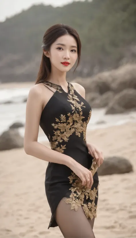 Arafed asian woman in a black dress on a beach - SeaArt AI