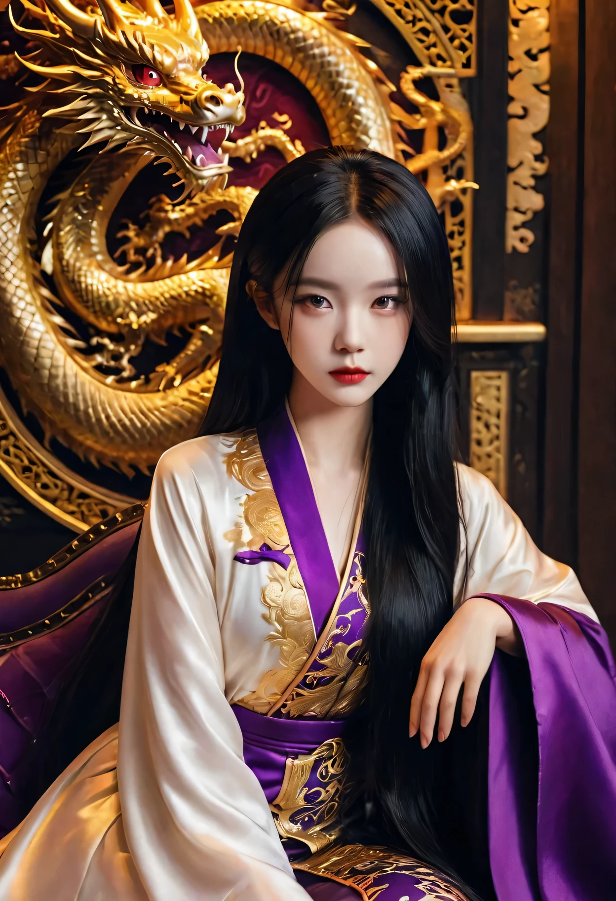 yandere girl,crazy purple eyes,red lipstick,pure white skin,long black hair,golden silk embroidered robe,dragon throne,palace background,luxurious decor,obsession,innocence,exquisite details,dramatic lighting,regal colors