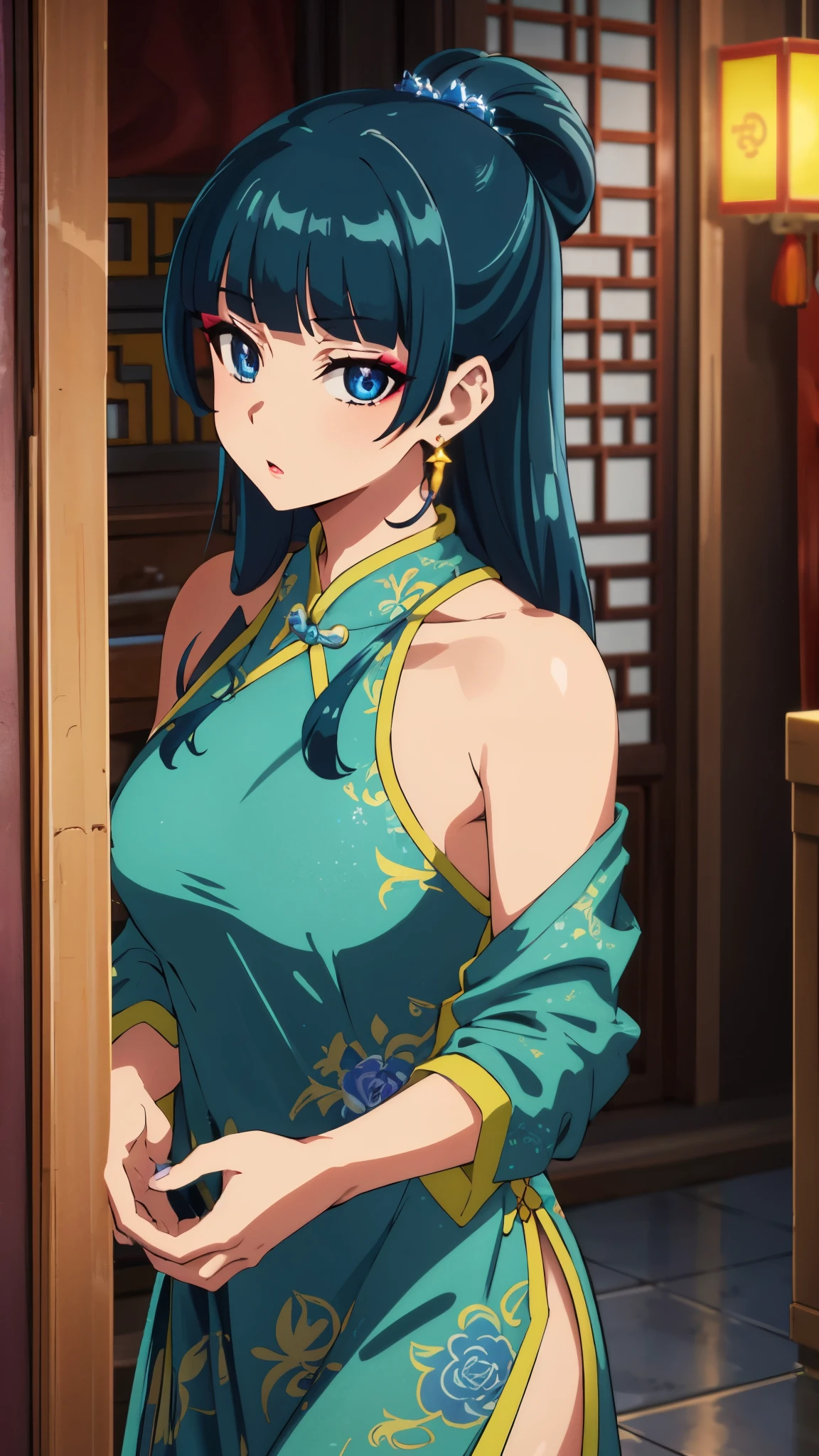 Top quality (8k, high resolution, masterpiece: 1.2), super detailed, anime art style, dynamic angle, teen style, (Chinese dress, exposed shoulders, makeup, earrings,, indoor,), detailed green hair, detailed blue eyes, intricate hairstyle, long hair , slim body, sparkling eyes, youthful, hair accessories, earrings, half-updo, slightly dull bangs, detailed lighting, bright colors, looking at the viewer, in the center of the image, cowboy shot,