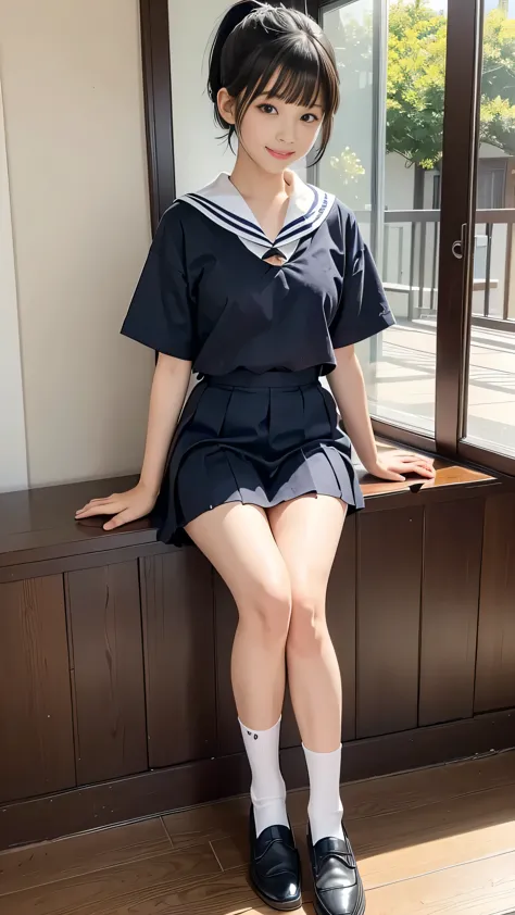 In the best quality、Japanese、Teenage girl standing outdoors、ponytail、Scrunchie、Perfect Anatomy、Correct limbs、High resolution、Beautiful details、Quiet atmosphere。(((Black Bob Hair)))、Cute Smile。Big Eyes、Long eyelashes、Torn white short-sleeved sailor uniform、...