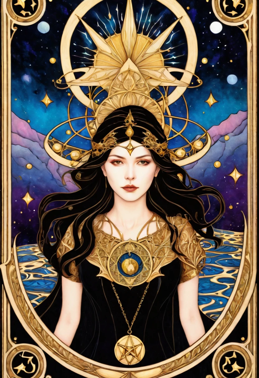 carta de tarot, técnica de claroscuro en la sensual ilustración de una reina de pentáculo, reina de la vendimia, terroso espeluznante, pintura mate, por Hannah Dale, por Harumi Hironaka, colores extremadamente suaves, toque de oro vibrante, muy detallado, Obras de arte digitales, alto contraste, dramático, refinado, tonal, de la máxima calidad，anatomía correcta，ultra gran angular，profundidad de campos. Sosteniendo los Oros, tema de tono terroso. siana quemada