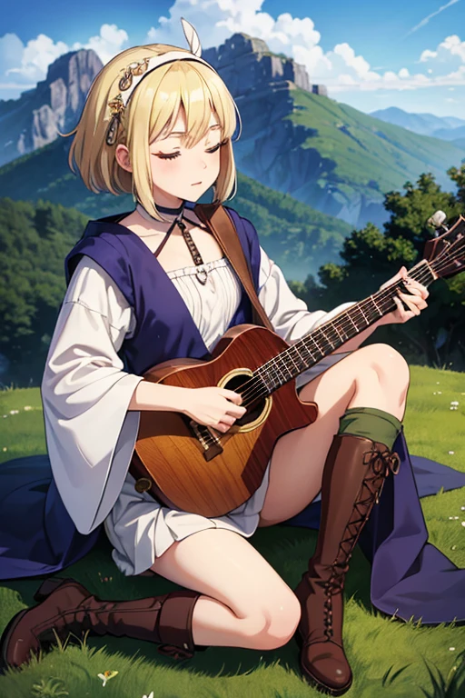 Anime Art、Full body portrait、Dungeons＆Bard of Dragons、A woman around 25 years old, about 160cm tall, wearing Scandinavian-style clothing, sitting on the ground and playing the mandolin、messy short blonde hair、Both eyes closed、boots、Flat chest、Wearing a feather on his head