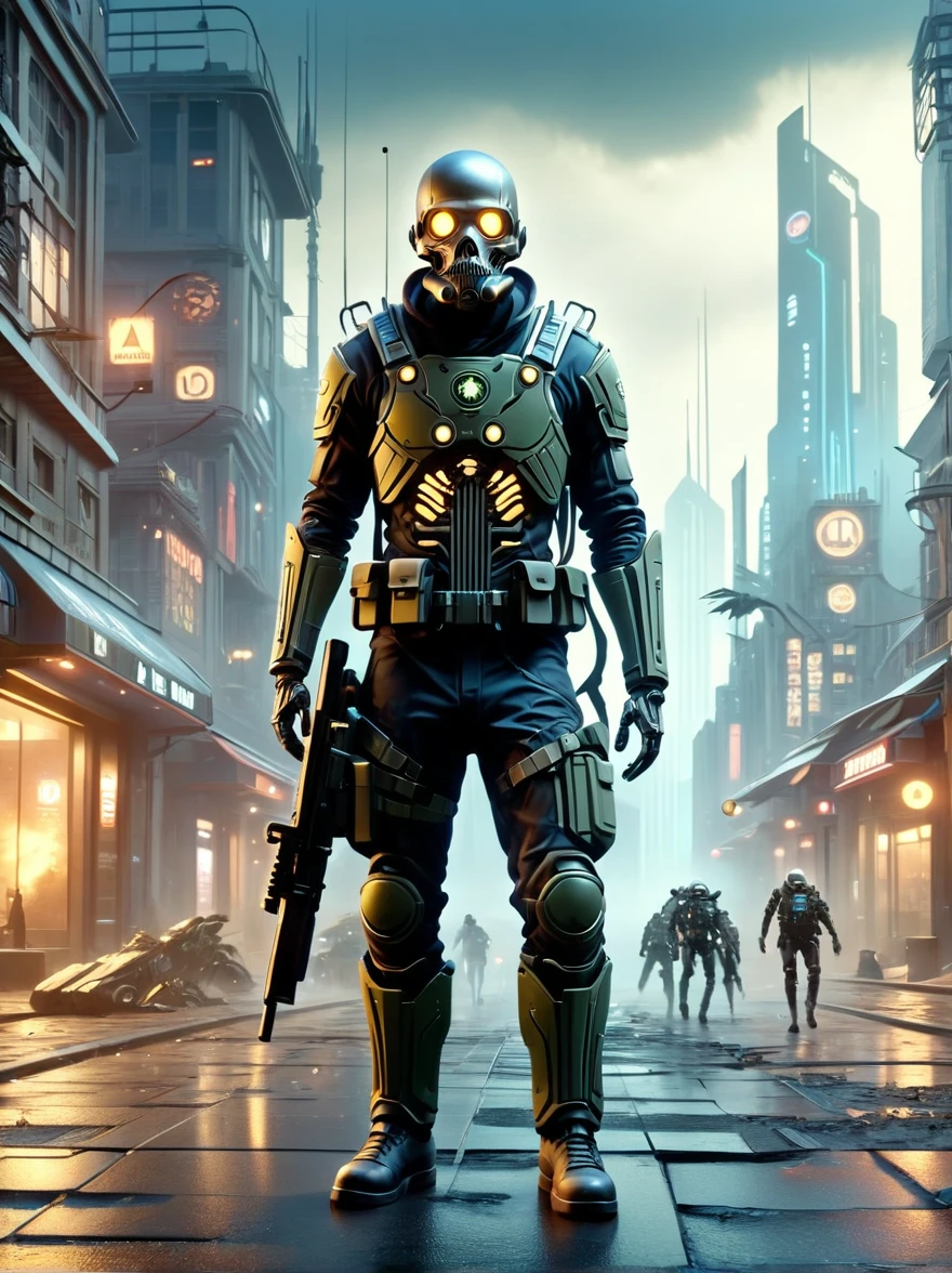 German skeleton soldier from WWII wearing a gas mask，Fight aliens in the streets of a futuristic city，The city was devastated，surrealism, UnrealEngine, high detail, atmospheric lighting, Futuristic metropolis, Long Shot(LS), Extra Long Shot(ELS), 