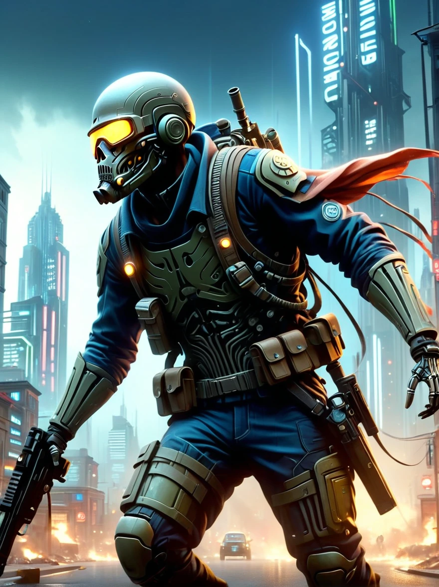 German skeleton soldier from WWII wearing a gas mask，Fight aliens in the streets of a futuristic city，The city was devastated，surrealism, UnrealEngine, high detail, atmospheric lighting, Futuristic metropolis, Long Shot(LS), Extra Long Shot(ELS), 