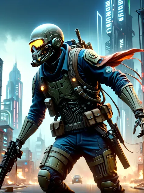 German skeleton soldier from WWII wearing a gas mask，Fight aliens in the streets of a futuristic city，The city was devastated，su...