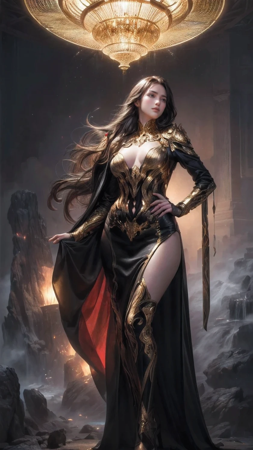 full body,(best quality,4k,8k,highres,masterpiece:1.2),ultra-detailed,(realistic,photorealistic,photo-realistic:1.37), illustration by artgerm and gerald brom, attractive woman, perfect body, small breasts, hyperfeminine curves, dangerous allure, futuristic theme, black, red, gold, vibrant, emotive expressions
