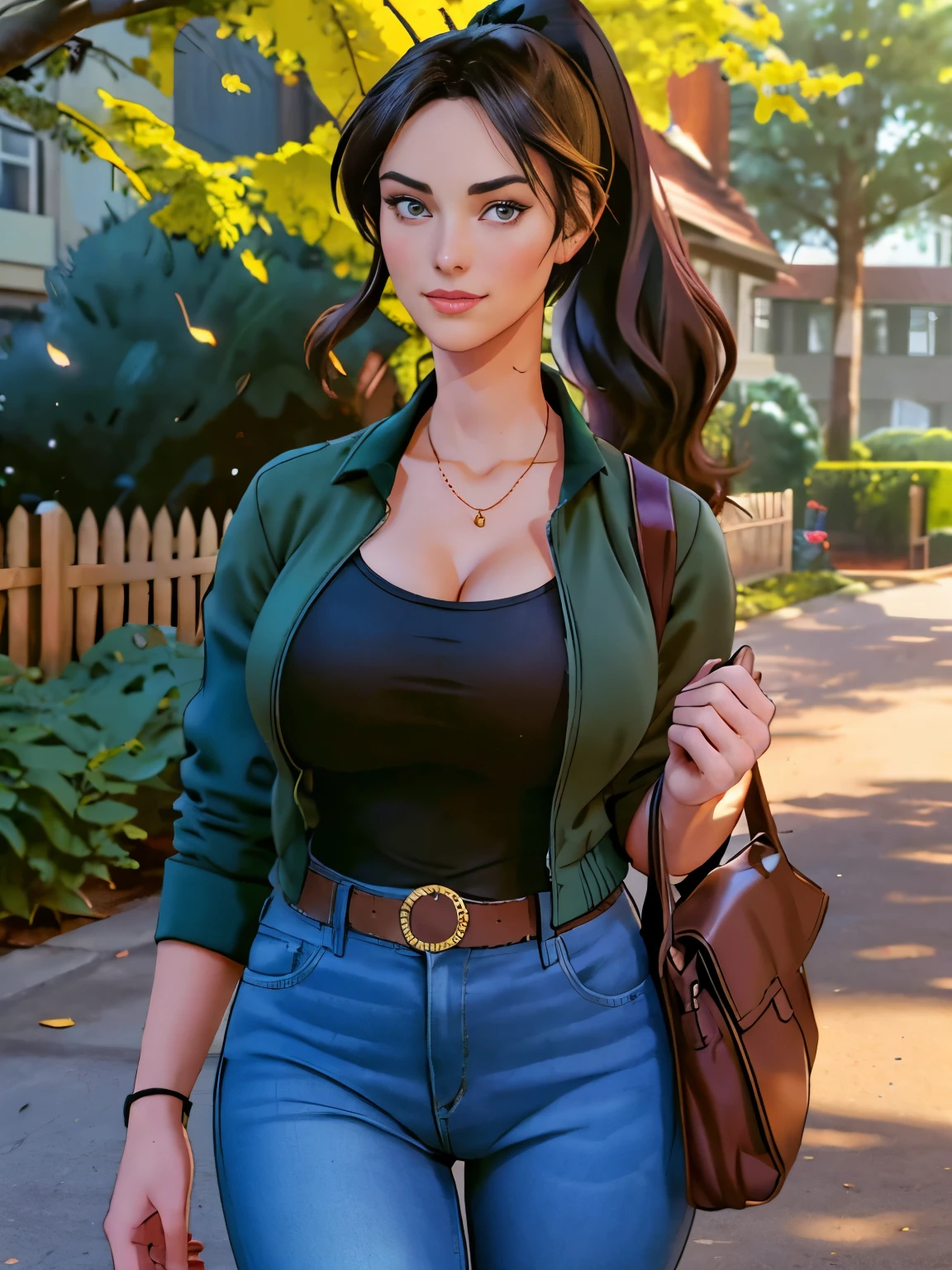 (masterpiece, top quality, best quality, official art, beautiful and aesthetic:1.2), (1girl:1.3), dark brown hair pulled back, elegant updo, extremely detailed, portrait, looking at viewer, facing viewer, solo, (full body:0.6), detailed background, close up, kindly eyes, (warm summer park theme:1.1), busty woman, charlatan, smirk, mysterious, long hair, huge ponytail, slim, thin, athletic, womanly, elastic woman, dark green jacket, tank top, blue jeans, hair bandana, camera bag, brunette, city, heroic, cheerful, city exterior, park, street, daylight, soft lighting, natural lighting, athletic, strong, slim waist, slim hips, long legs, muscular legs, modern (city park exterior:1.1) background, bright mysterious lighting, shadows, magical atmosphere, dutch angle, (Abigail Shapiro)