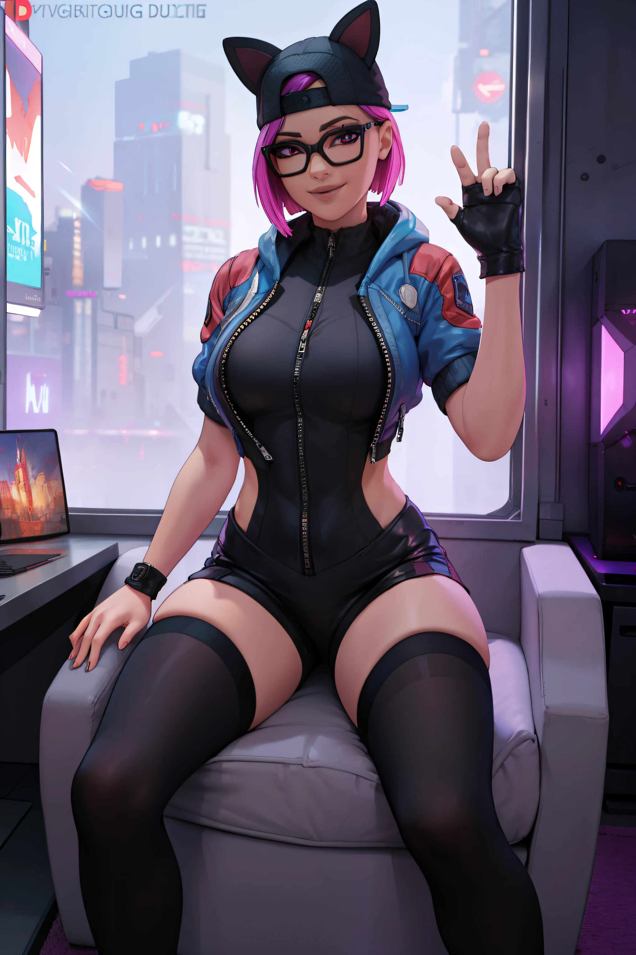 (masterpiece), (best quality),Gamer chair (solo), looking the viewer, cyberpunk, high detailed,extremely detailed,shorts,long white thigh high socks, jacket, fine eyes, smile,dynamic pose, short pink hair,cap,fingerless glove,glasses.