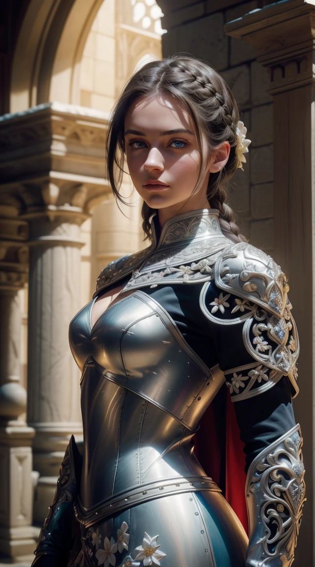 craft a hyper realistic photo of a beautiful supermodel, 1girl, 18 year old, Caucasian (Beautiful face), blue eyes, perfect eyes, perfect iris, perfect pupils, perfect lips, perfect nose, perfect hands, very detailed hands, perfect fingers, black hair, short hair, straight hair, small braid in her hair, ((medieval super white armor)), metal reflections, (((super white armor))), outdoors, far away castle, (ornately decorated armor), (insanely detailed, bloom:1.5), chainmail, intense sunlight, professional photograph of a stunning woman detailed, sharp focus,  award winning, cinematic lighting, blurry background, upper body, ((confident)), (Pose: looking at the camera), ((front view shot)), Portrait, Shield, (32k), (masterpiece), (best quality),(extremely intricate), (realistic), (sharp focus), (award winning), (cinematic lighting),(extremely intricate:1.3), (realistic),