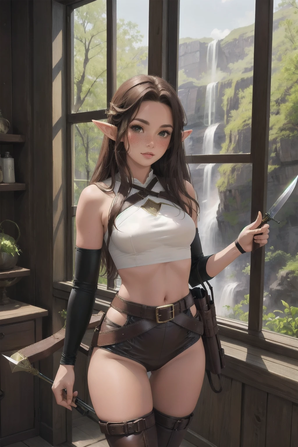 Masterpieces, best quality, perfect, wood, indoors, forest, elf, sfw,26 years old, mature woman, leather, small ears, blushing, freckles, facing viewer, brown hair, full body, archer, long torso, mouth open, glossy lips, large waist, thick thighs, Standing up in cabin , facing viewer, thigh high socks, hourglass shape, slim waist, thigh gap, cleavege, adult woman, cleavege window, large breasts, beautiful background, perfect landscape, the most peacefull place you've ever been, a welcoming woman, lush pastures, leg strap, leg holster, belt, hunger games, holding wooden bow, holding fancy elf bow, milf, thigh boots held up by leather waist strap, cleavege cutout, Beautiful waterfall visibal through window, holding throwing knifes