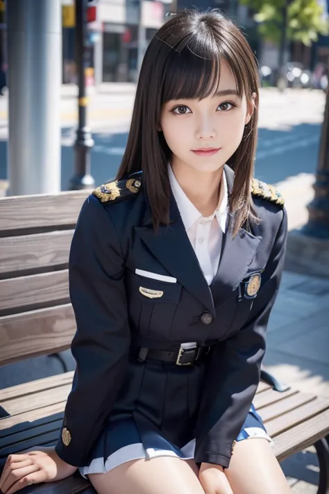 An innocent 15-year-old girl、((Japanese police officer, Sexy police uniform, skirt, Cute and elegant, Dramatic Pose)),smile,Nigh...