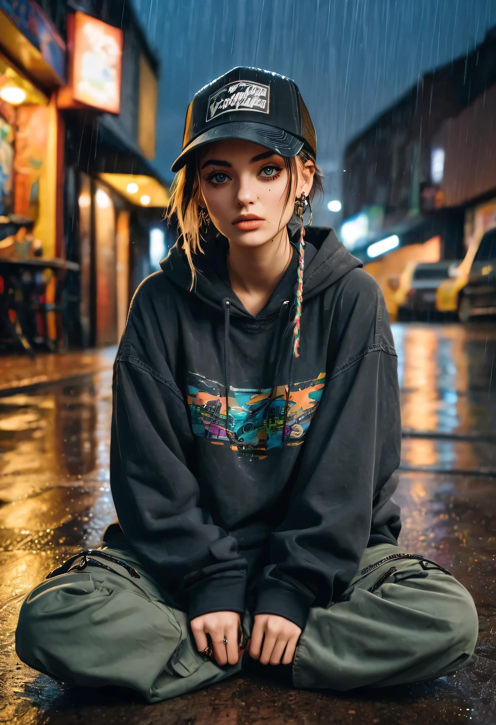 create a blank faded black washed hoodie, retro baggy, 90s, with a trucker hat on, beautiful female thin face, piercings on face, loose fit, baggy, pretty eyes, hoodie, skater night life in background, rain, sitting on ground legs crossed, hoodie jaw string tied in a knot, cargo pants