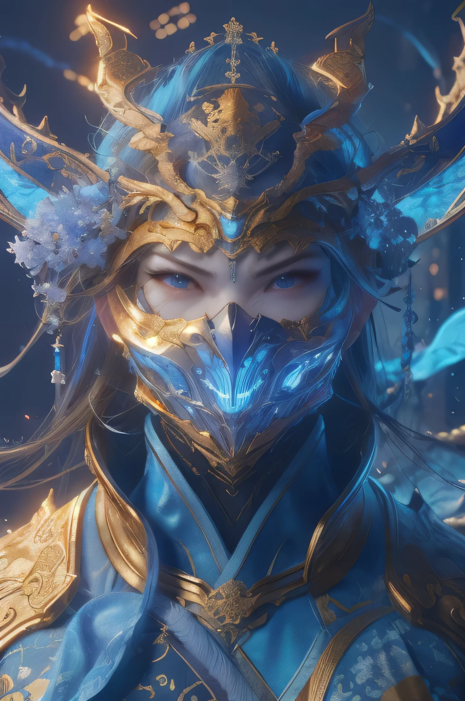 (8K) (Artstation is very detailed), ancient Chinese armor, wearing masks and armor characters, epic battle scenes, with Chinese dragon patterns on the dark parts of the armor, gold armor, and rich details in the characters' dark parts. The background is a Chinese fantasy scene, fantastic, and colorful