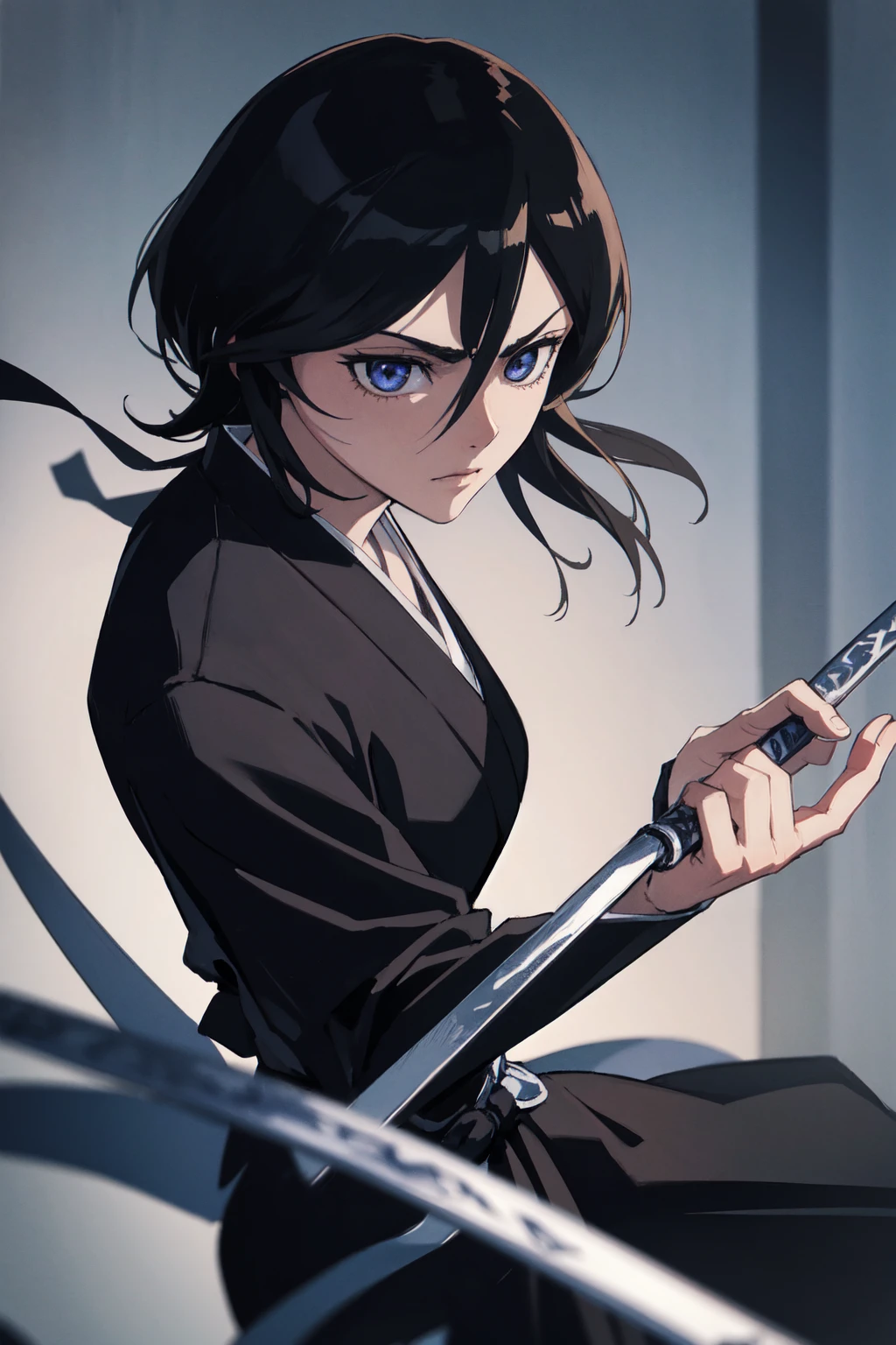 thick outlines, comics, photorealistic, 1girl, solo, ice, katana hanging on belt, cowboy shot, kuchiki_rukia, black kimono, japanese town, detailed background, detailed face, detailed eyes, perfect hands