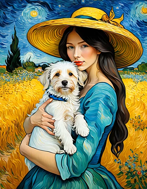 painting, beautiful woman in large hat, van gogh style, holding dog, long hair