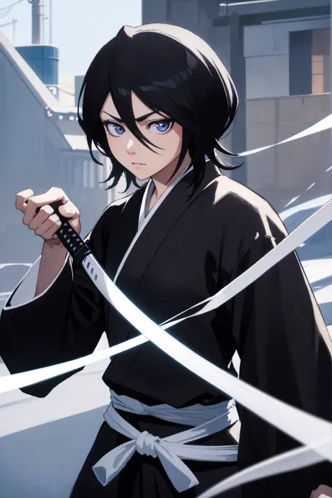 thick outlines, comics, photorealistic, 1girl, solo, ice, katana hanging on belt, cowboy shot, kuchiki_rukia, black kimono, japa...