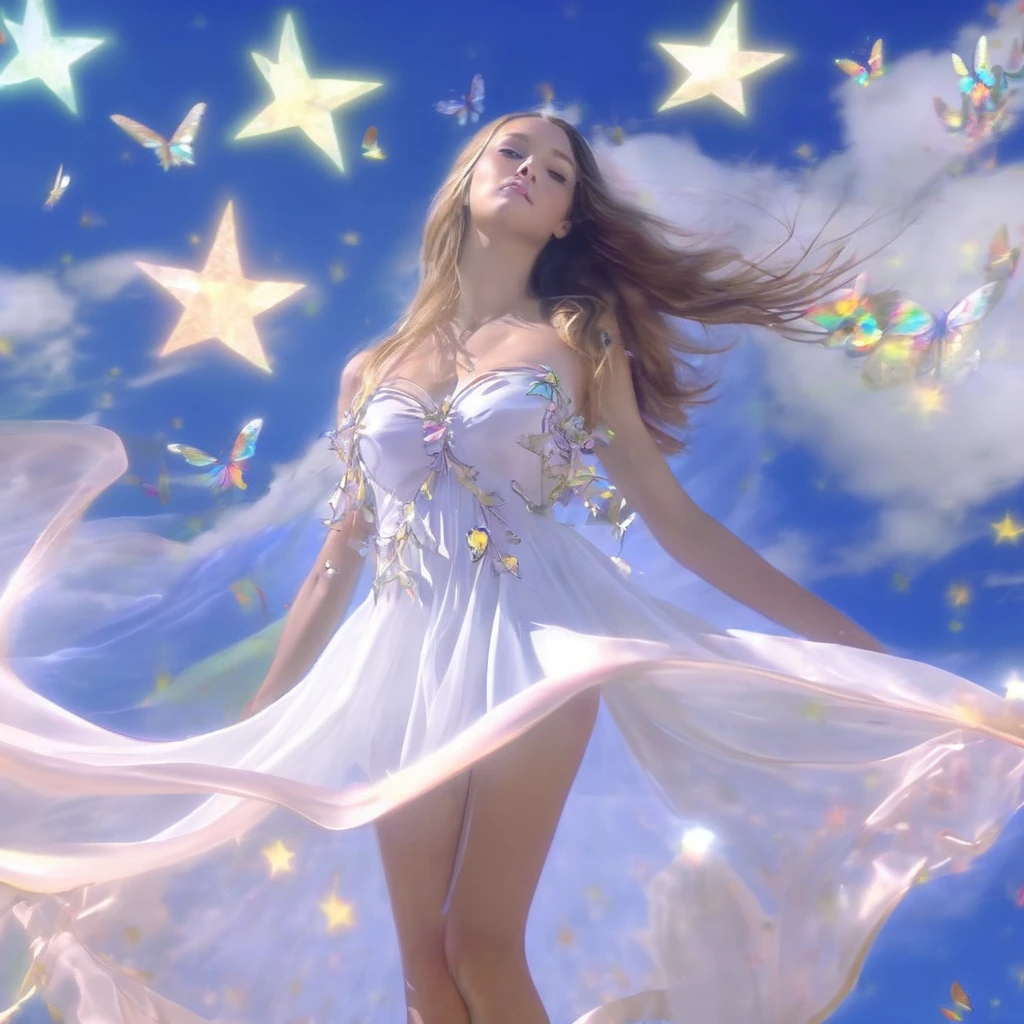 (best quality,4k,highres,masterpiece:1.2),angelic,flawless,woman,translucent,billowing,chromatic,silks,chromatic,butterfly,wings,star-studded,sky,descend