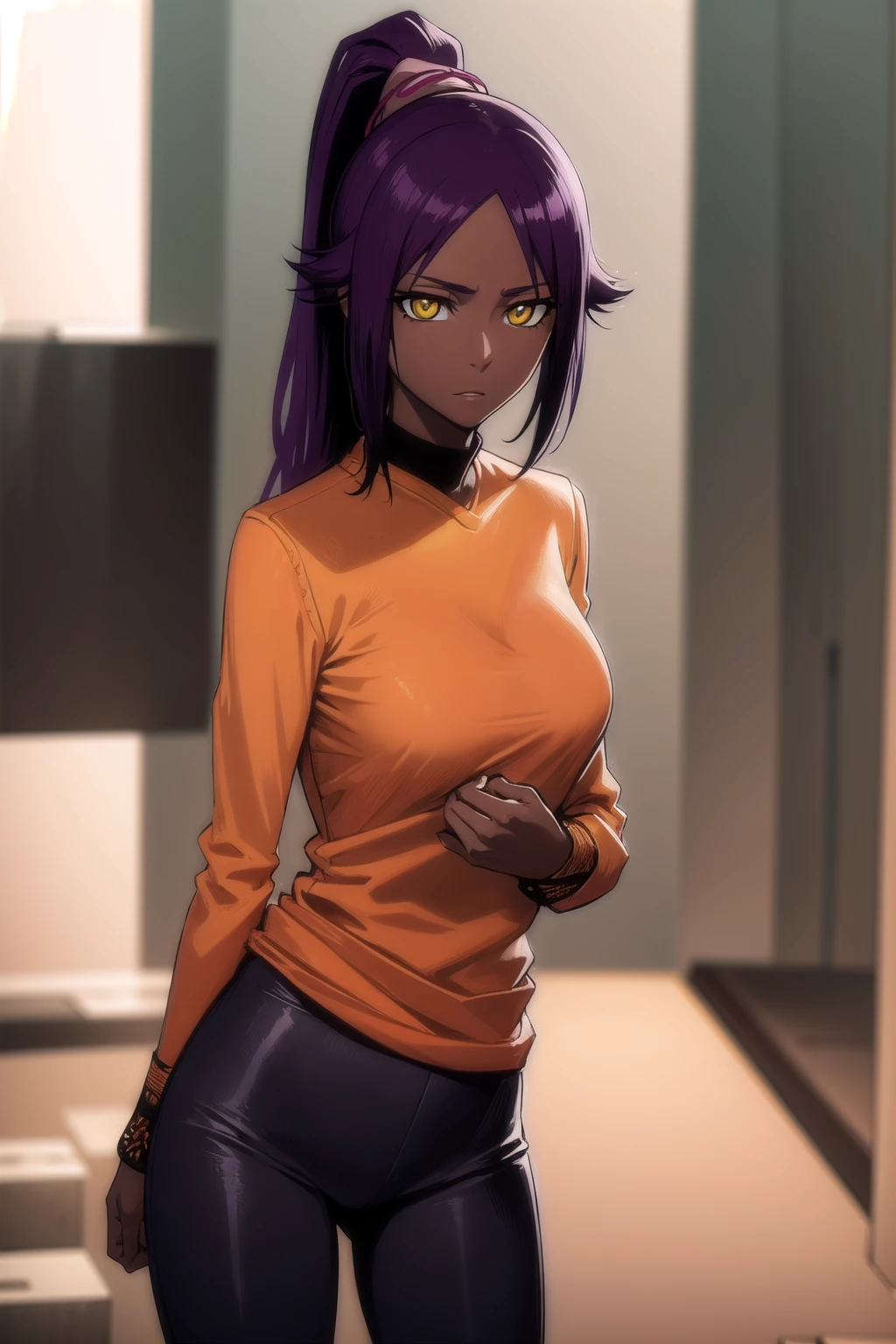 yoruichishihouin, yoruichi shihouin, long hair, (yellow eyes:1.5), ponytail, purple hair, dark skin, dark-skinned female,
BREAK bodysuit, black bodysuit, bodysuit under clothes, (orange shirt:1.5), long sleeves,
BREAK outdoors,
BREAK looking at viewer, (cowboy shot:1.5),
BREAK (masterpiece:1.2), best quality, high resolution, unity 8k wallpaper, (illustration:0.8), (beautiful detailed eyes:1.6), extremely detailed face, perfect lighting, extremely detailed CG, (perfect hands, perfect anatomy),