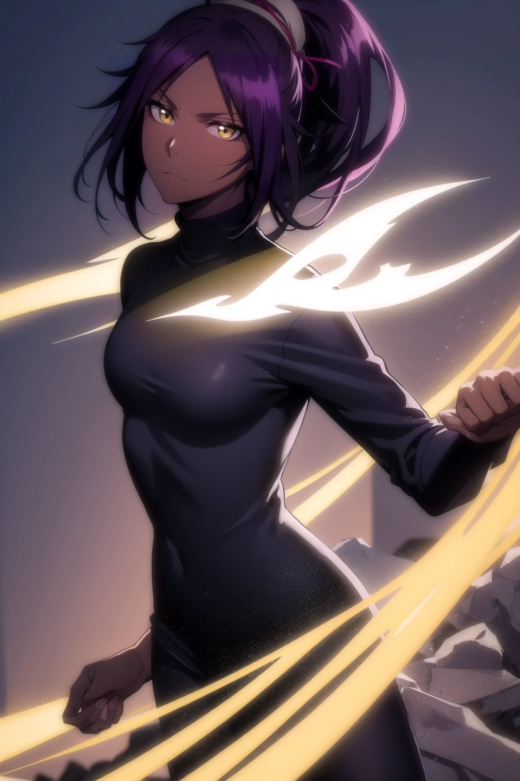 yoruichishihouin, yoruichi shihouin, long hair, (yellow eyes:1.5), ponytail, purple hair, dark skin, dark-skinned female,
BREAK bodysuit, black bodysuit, bodysuit under clothes, (black shirt:1.5), long sleeves,
BREAK outdoors,
BREAK looking at viewer, (cowboy shot:1.5),
BREAK (masterpiece:1.2), best quality, high resolution, unity 8k wallpaper, (illustration:0.8), (beautiful detailed eyes:1.6), extremely detailed face, perfect lighting, extremely detailed CG, (perfect hands, perfect anatomy), (dinamic poses)