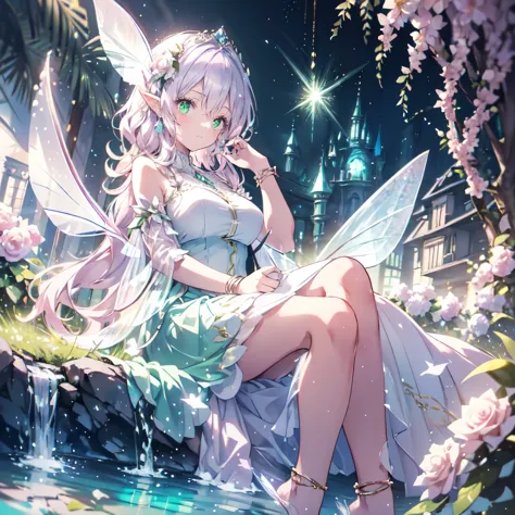 (highest quality, Very detailed, beautiful, Exquisite, 16k, Full HD), Looking down,(Sleep on your back,On the bed),((soft, Sparkly layered dress)),A large and beautiful dress inspired by rose flowers, Hanabubuki,The screen is surrounded by flowers,Frills,D...