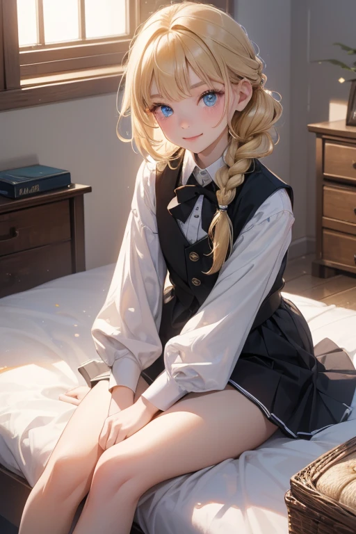 (8k, highest quality, Tabletop:1.2)、Ultra-high resolution、One 12-year-old girl, Perfect Fingers, Detailed face, smile, blue eyes, Blonde, Braid, White panties, White blouse, Black vest, Western-style room, futon, Lie down with your legs outstretched