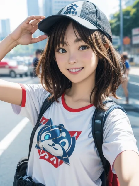 live streaming youtuber, selfie, cute hong kong girl captured on gopro camera, オタクの聖地秋葉原の街並みをバックにselfie, wearing a t-shirt with ...