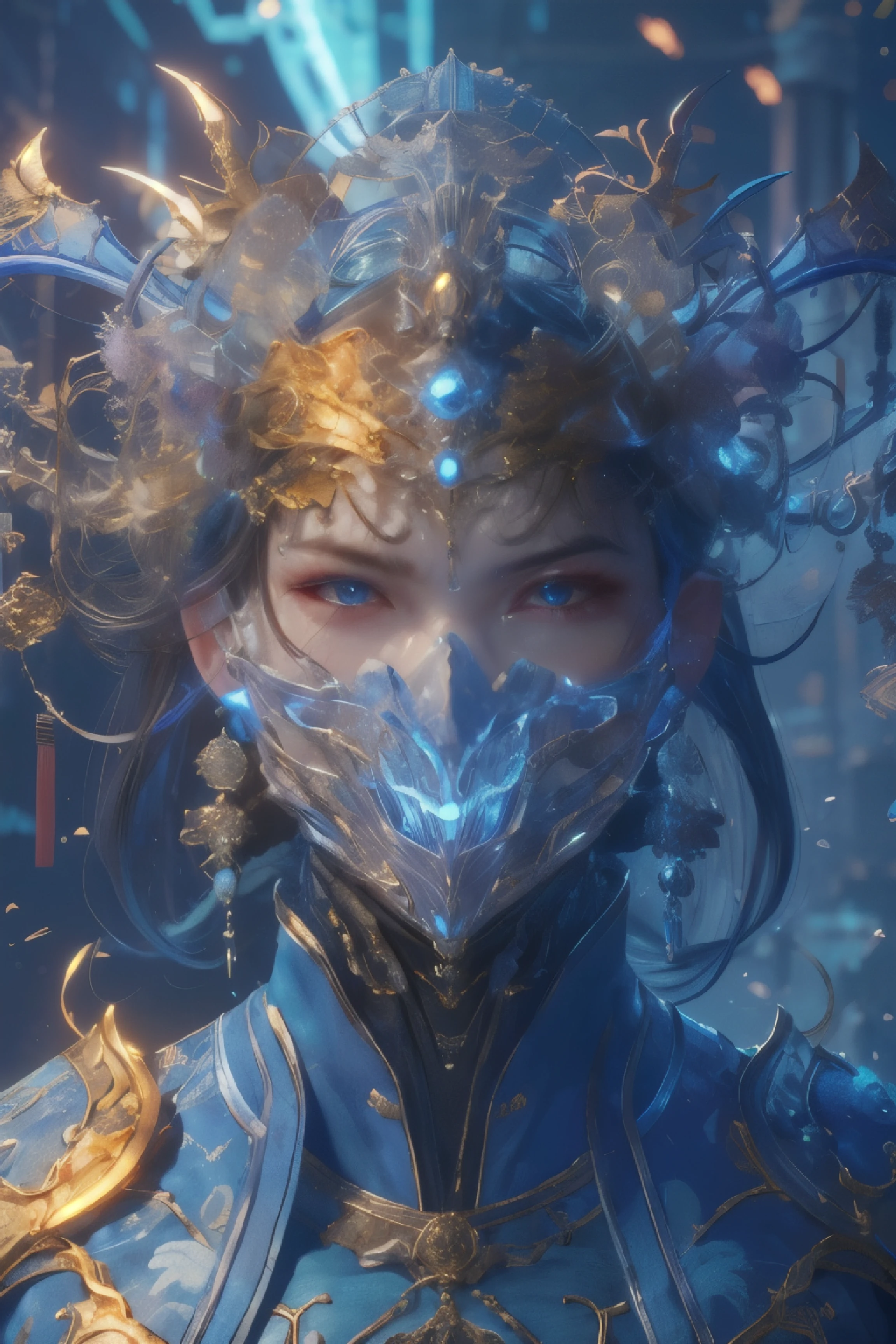 (8K) (Artstation is very detailed), ancient Chinese armor, wearing masks and armor characters, epic battle scenes, with Chinese dragon patterns on the dark parts of the armor, gold armor, and rich details in the characters' dark parts. The background is a Chinese fantasy scene, fantastic, and colorful