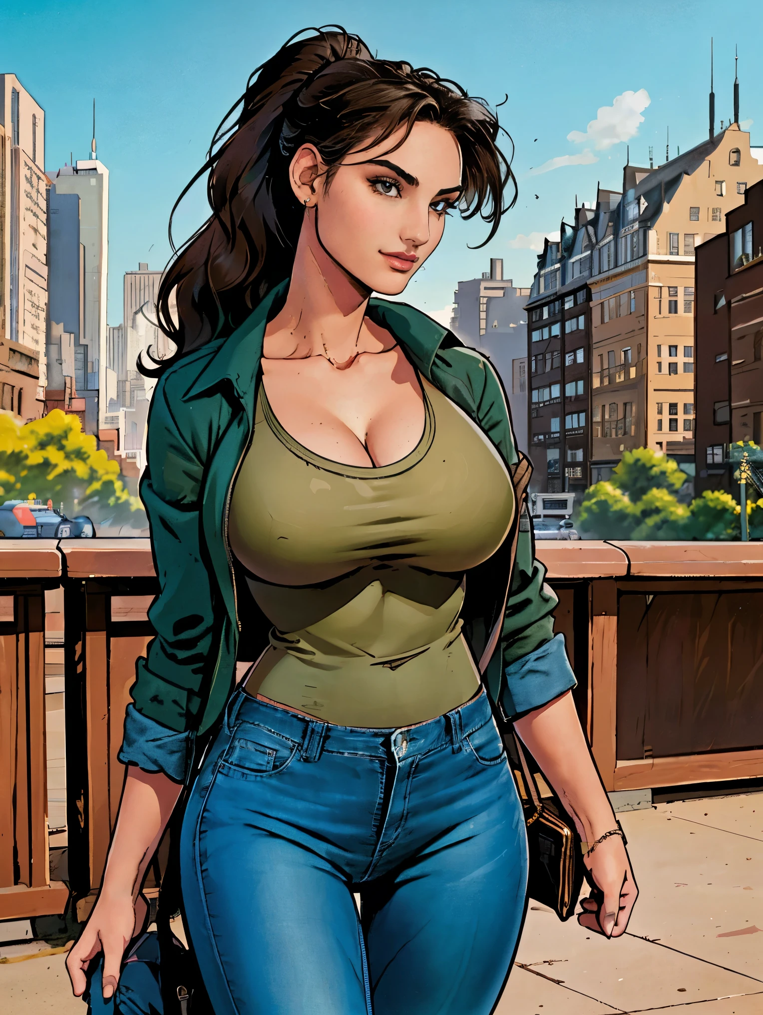 (masterpiece, top quality, best quality, official art, beautiful and aesthetic:1.2), (1girl:1.3), dark brown hair pulled back, elegant updo, extremely detailed, portrait, looking at viewer, facing viewer, solo, (full body:0.6), detailed background, close up, kindly eyes, (warm summer park theme:1.1), busty woman, charlatan, smirk, mysterious, long hair, huge ponytail, slim, thin, athletic, womanly, elastic woman, dark green jacket, tank top, blue jeans, hair bandana, camera bag, brunette, city, heroic, cheerful, city exterior, park, street, daylight, soft lighting, natural lighting, athletic, strong, slim waist, slim hips, long legs, muscular legs, modern (city park exterior:1.1) background, bright mysterious lighting, shadows, magical atmosphere, dutch angle, (Abigail Shapiro)