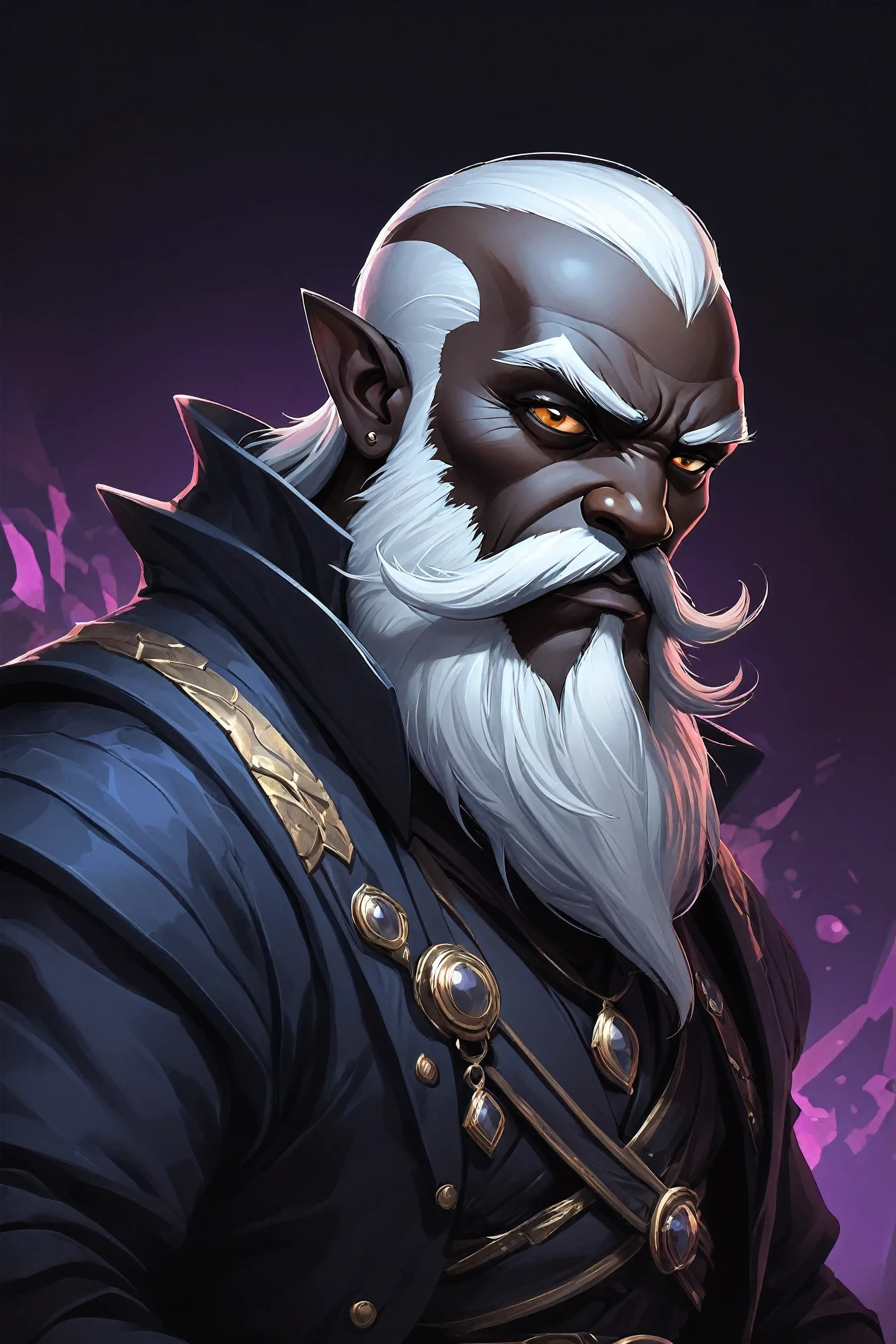 super illustration de détails insensés et complexes, fantasy, Duergar, ((Dwarf tokien)) with dark skin, black skin, white beard, sophisticated mustach, ((high charisma)), eloquent, fantasy city background colored, ((human ears))