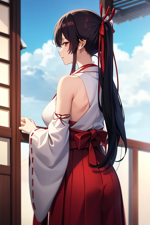 1girl, bangs, bare_shoulders, blue_sky, large breasts, brown_eyes, cloud, cloudy_sky, day, detached_sleeves, fence, hair_between_eyes, hair_ribbon, hakama, hakama_skirt, japanese_clothes, kimono, large_breasts, long_hair, looking_at_viewer, obi, railing, red_hakama, red_ribbon, ribbon, sash, shouji, sky, sliding_doors, solo, tree, veranda, white_kimono
((best quality)), ((masterpiece)), (detailed), Sagirin, back view, ass, ass shape,