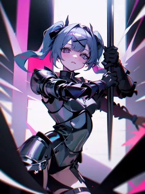 hatsune miku poses in full plate armor at a club