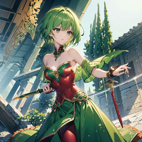 ((high resolution　Green Hair　Short Hair　Iron Armor　Goddess of victory　Lonely　despair))　((Red butterfly　night　Western style　Shoul...