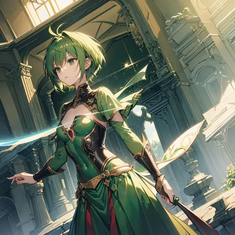 ((high resolution　Green Hair　Short Hair　Iron Armor　Goddess of victory　Lonely　despair))　((Red butterfly　night　Western style　chest...