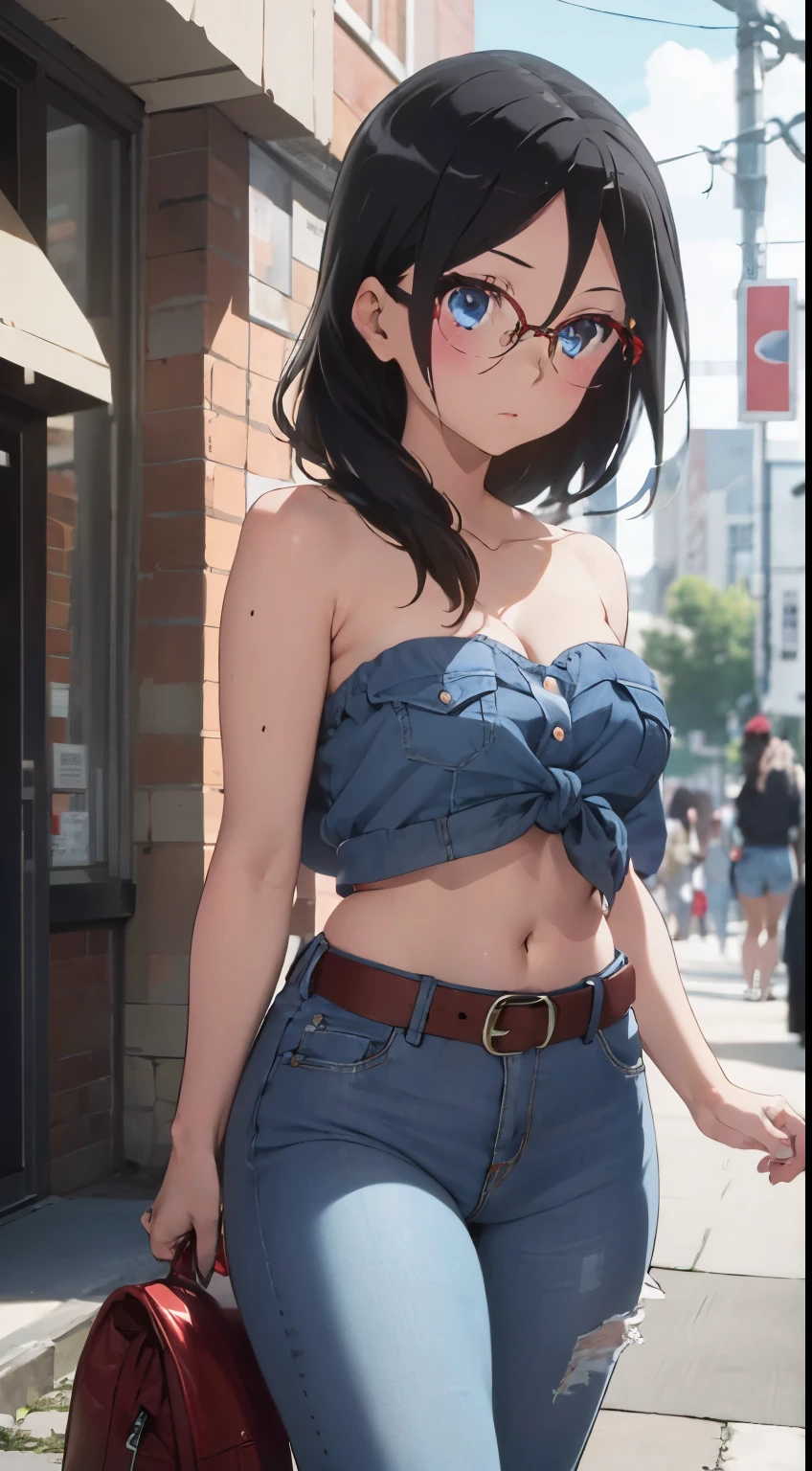 1girl, solo, full body, blue eyes, red tied shirt, navel, red tube top, strapless, bare arms, bare neck, bare shoulders, long jeans, belt, summer, street,