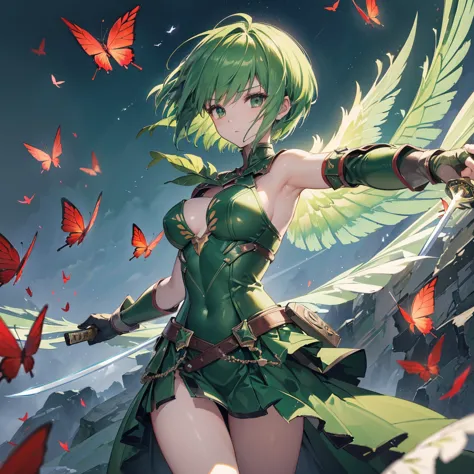 ((high resolution　Green Hair　Short Hair　Iron Armor　Angel of Victory　Lonely　despair))　((Red butterfly　night　Western style　chest　S...