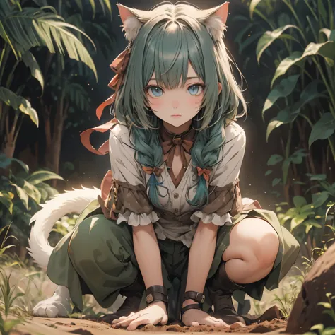 Cat with earth-colored ribbon、Earth-colored hair、Earth-colored eyes、Earth-toned clothing、Digging the soil