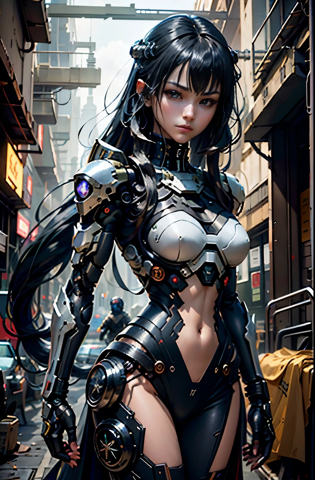 fantaisie、couleur de cheveux noirs、Cheveux très longs、cyberpunk、(Double épée、Femme scorpion cyborg、La violette:1.1)、1 femme、Technologie mécanique、présence de robots、Position de combat de type ninja、Gardien cybernétique、