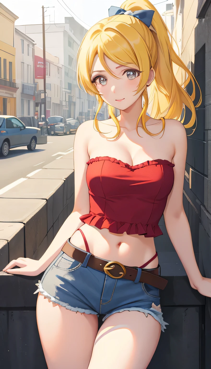 1girl, solo, halfbody, eli ayase, yellow hair, blue eyes, ponytail, hair ribbon, blue ribbon, red tied shirt, navel, red tube top, strapless, bare arms, bare neck, bare shoulders, long jeans, belt, summer, street