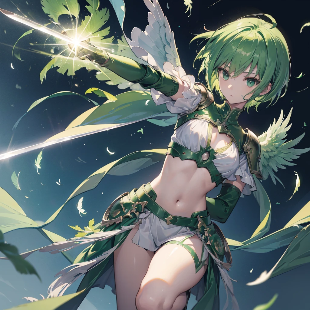 ((high resolution　Green Hair　Short Hair　Iron Armor　Angel of Victory　Lonely　despair))　((night　Western style　chest　Shining Aura　gloves))　(Big feather　Dance　Blade of Light　Holding a sword　Slashing)　night　moon　star　Slashing　Catch the wind　