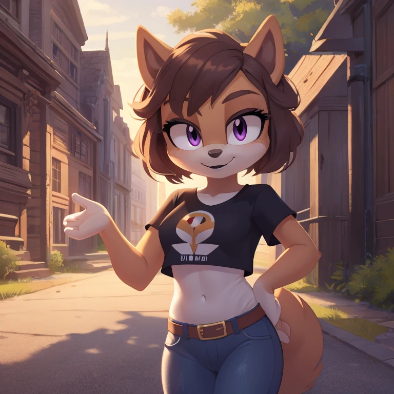 sonic_(series), mobian squirrel, thin body, skinny figure, brown hair, wavy bangs, short hair, fluffy hair, white fur, violet eyes, black eyelids, t-shirt, jeans, beautiful, pretty, cute, masterpiece, 4k, high quality, studio quality, detailed, insanely detailed, extreme detail, refined detail, perfect detail, max detail, black lipstick, squirrel girl