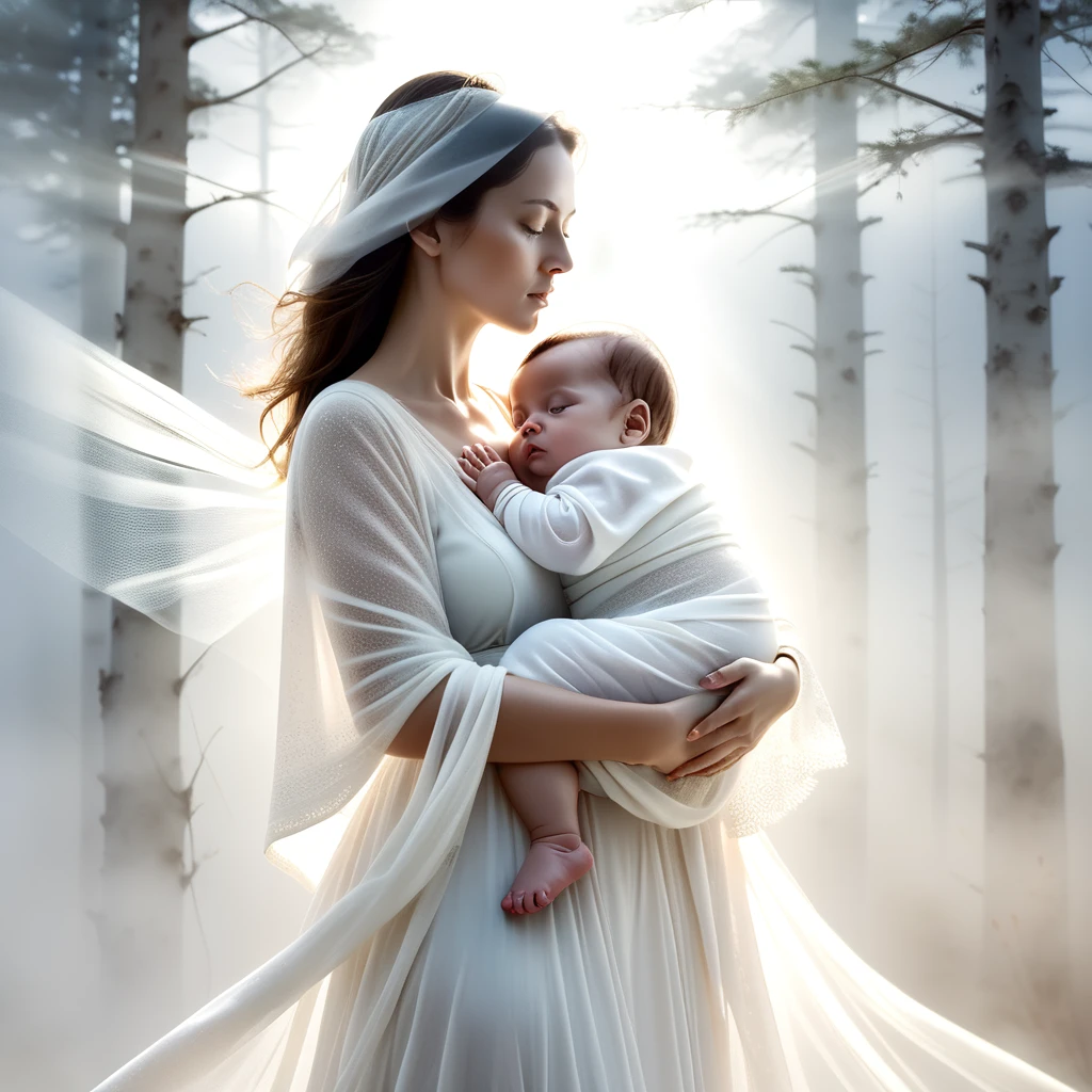Photorealistic, raw photo, film photo, high resolution, highest quality, 8k wallpaper, official art, award-winning work, (double exposure work: 1.4), fusion of a mother holding a baby and a soldier with a rifle, A mother wearing a white dress and a baby wrapped in cloth are translucent, reincarnation, fascinating multiple exposures, life and death, works completed as art,