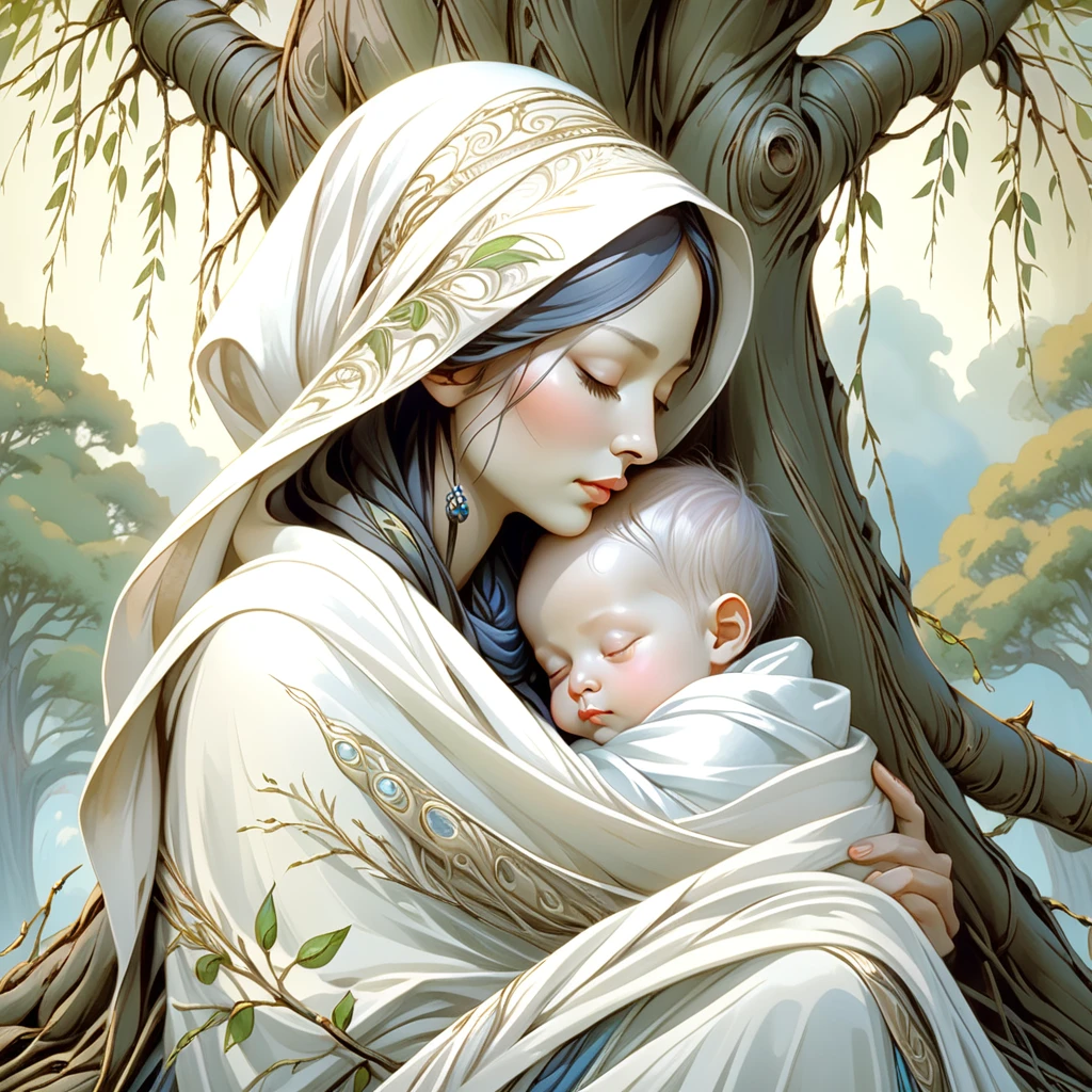 Close up half body portrait of a loving mother sitting peacefully beneath an old Willow tree, cradling her newborn babe, a white scarf is covering her head, open eyes, highly detailed and intricate, hypermaximalist, ornate, luxury, cinematic, cgsociety, James jean, Brian froud, ross tran