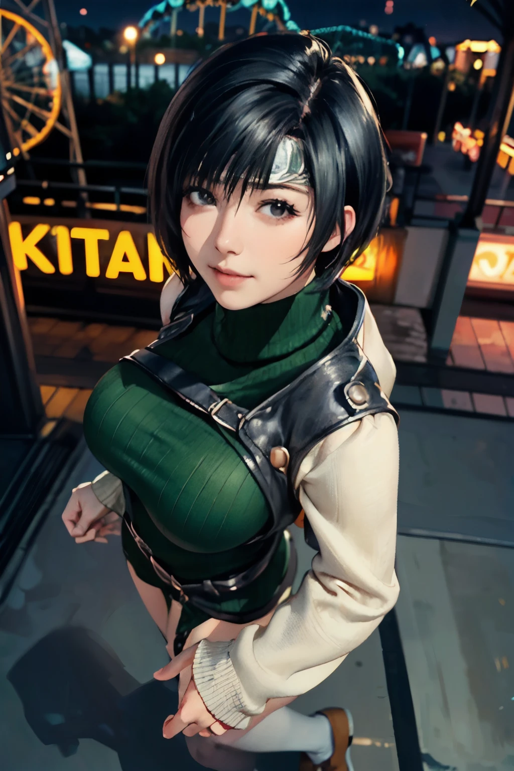 (ultra realistic,32k, masterpiece:1.2),(high detailed skin:1.1),( high quality:1.1),
yuffie kisaragi,(smile:0.75),forehead protector, headband, (black hair:1.5), brown eyes, short hair, pixie cut, (green ribbed turtleneck  short Bodycon Dress,long sleeves:1.1), opaque pantyhose,,(looking at viewer, lying, from above:1.1),, (huge breast, large breast:1.1),(solo:1.1),
(volumetric lighting:1.1), amusement park,  theme park,  NIGHT, FERRIS WHEEL ,   blurry background,
