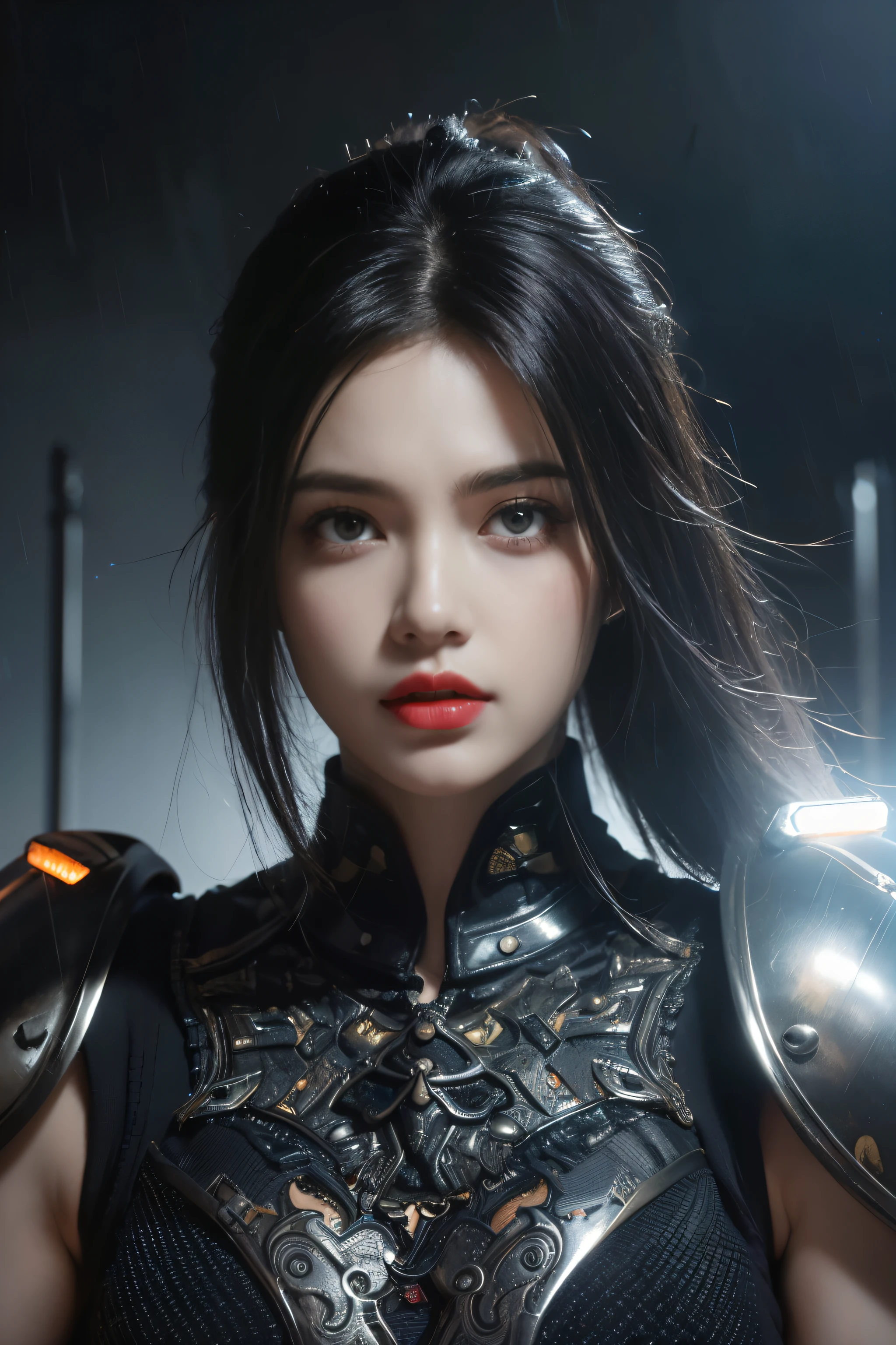 tmasterpiece,Best quality,A high resolution,8K,(Portrait photograph:1.5),(ROriginal photo),real photograph,digital photography,(Combination of cyberpunk and fantasy style),(Female soldier),20 year old girl,random hair style,By bangs,(Red eyeigchest, accessories,Redlip,(He frowned,Sneer),(Cyberpunk combined with fantasy style clothing,Openwork design,joint armor,police uniforms,Combat Assassin Costume,),exposing your navel,Photo pose,Realisticstyle,Thunder and lightning on rainy day,(Thunder magic),oc render reflection texture