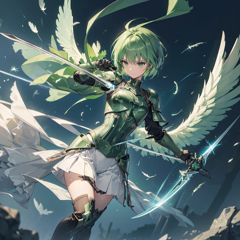 ((high resolution　Green Hair　Short Hair　Iron Armor　Angel of Victory　Lonely　despair))　((night　Western style　chest　Shining Aura　gloves))　(Big feather　Dance　Blade of Light　Holding a sword　long　Slashing)　night　moon　star　Slashing　Catch the wind　