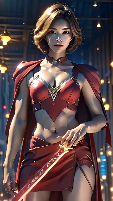 8K, Ultra Realistic CG K, Realistic:1.4, Skin Texture:1.4, Masterpiece:1.4, Beautiful woman in hero's costume standing in front of apocalyptic fire city posing behind, Female hero appears, holding shiny sword in hand, showing  muscle belly, red mini skirt ...