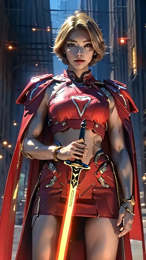 8K, Ultra Realistic CG K, Realistic:1.4, Skin Texture:1.4, Masterpiece:1.4, Beautiful woman in hero's costume standing in front of apocalyptic fire city posing behind, Female hero appears, holding shiny sword in hand, showing  muscle belly, red mini skirt ...