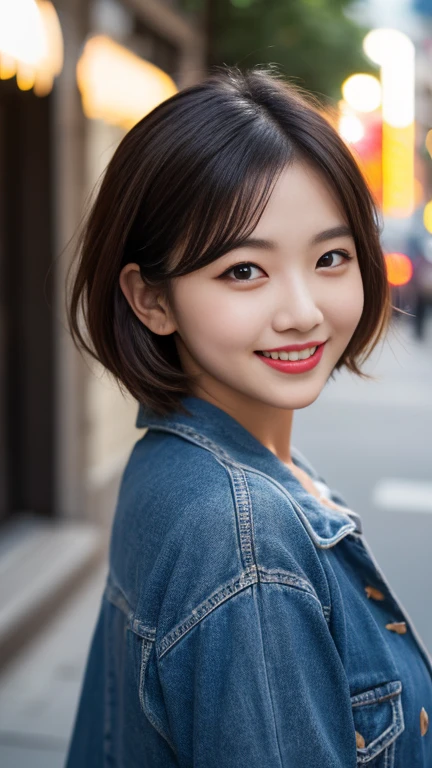 A girl named , Short Hair, Brown Hair, 28 years old, ample bosom, Slender, Round face, drooping eyes, winking smile, first-person view, Retro Flare, f/2.0, 105mm, Sony, UHD, retina, masterpiece, ccurate, anatomically correct, textured skin, super detail, high details, high quality, best quality, highres, 1080P, HD, 4K, 8k, casual attire
