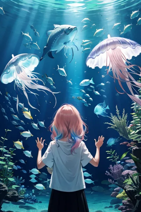 jellyfish、光るjellyfish、aquarium、tropical fish、colorfulな魚、girl、in the water、spreading hair、aquarium、light pink transparent hair co...